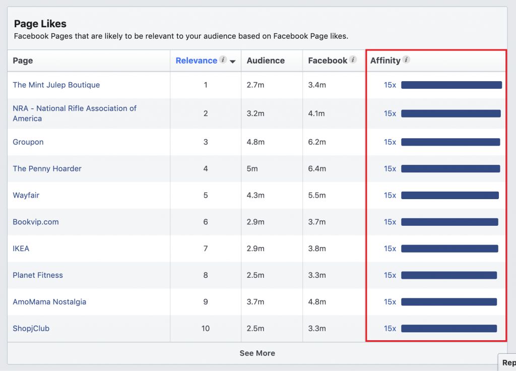 sử dụng Facebook Audience Insights: (affinity score)
