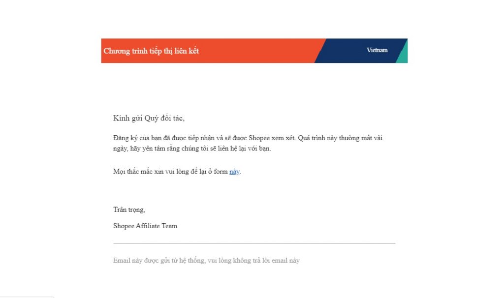 Nhận email thông báo từ Shopee sau khi tạo tài khoản Shopee Affiliate 