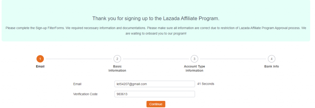 Điền email đăng ký Lazada Affiliate 